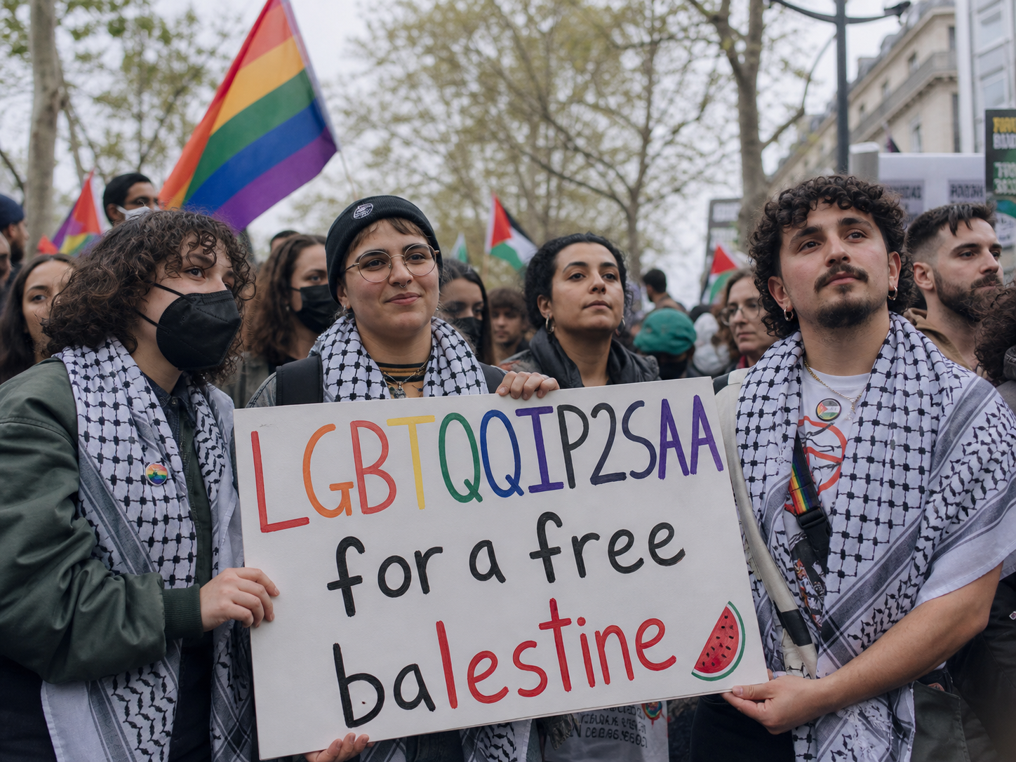 Demonstrators holding a sign that reads LGBTQQIP2SAA for a free balestine
